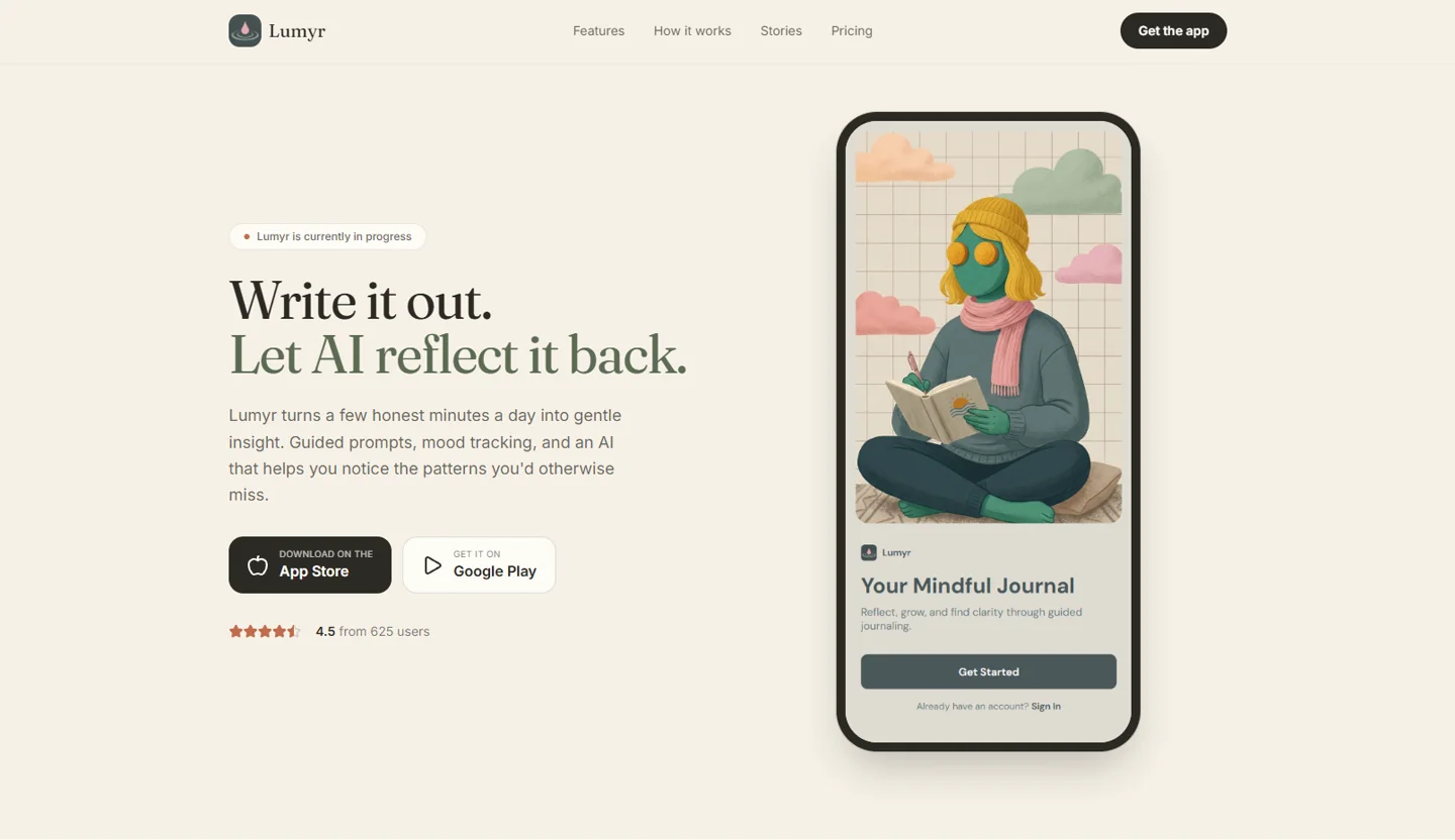 Lumyr in-progress landing experience beside the mobile journaling interface