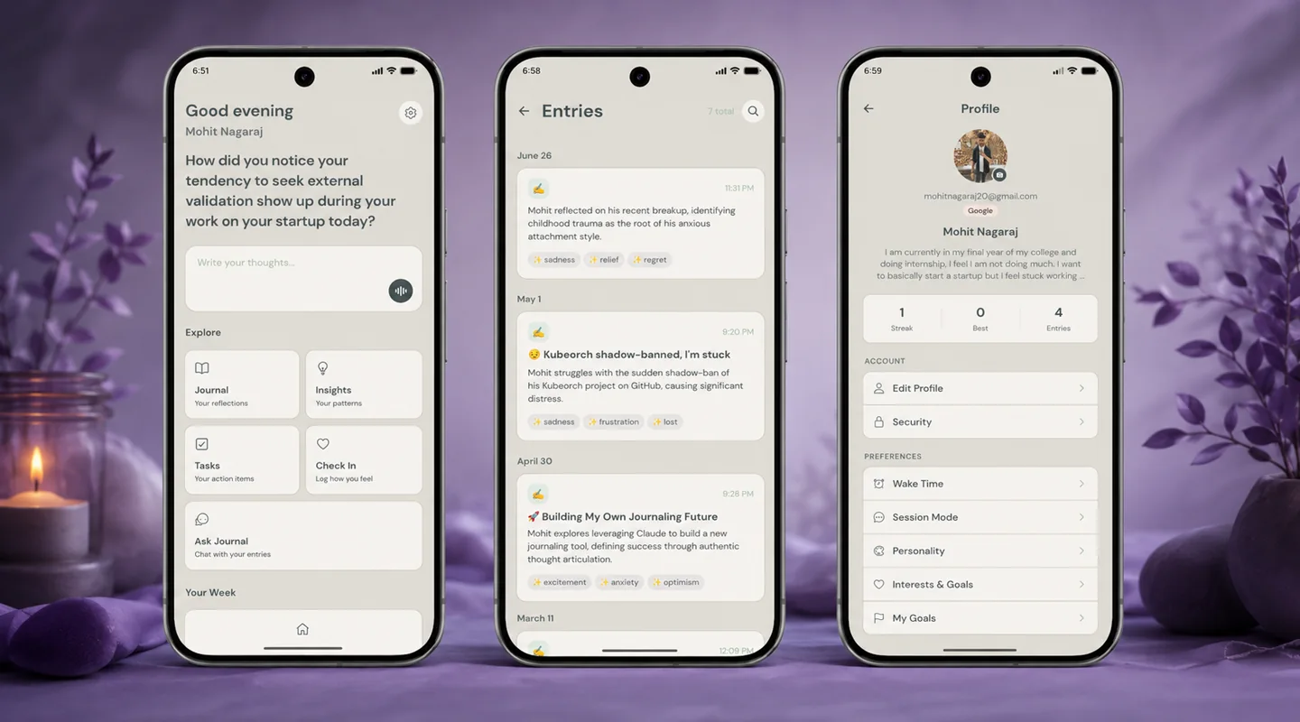 Three Lumyr mobile screens showing the journal dashboard, entries, and personal profile
