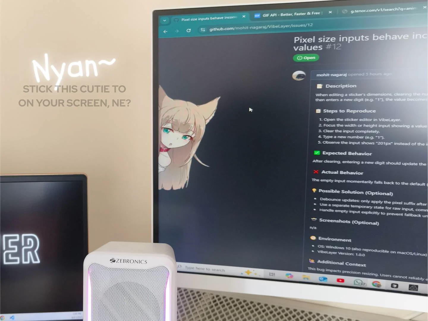 A transparent VibeLayer companion floating over a desktop workspace